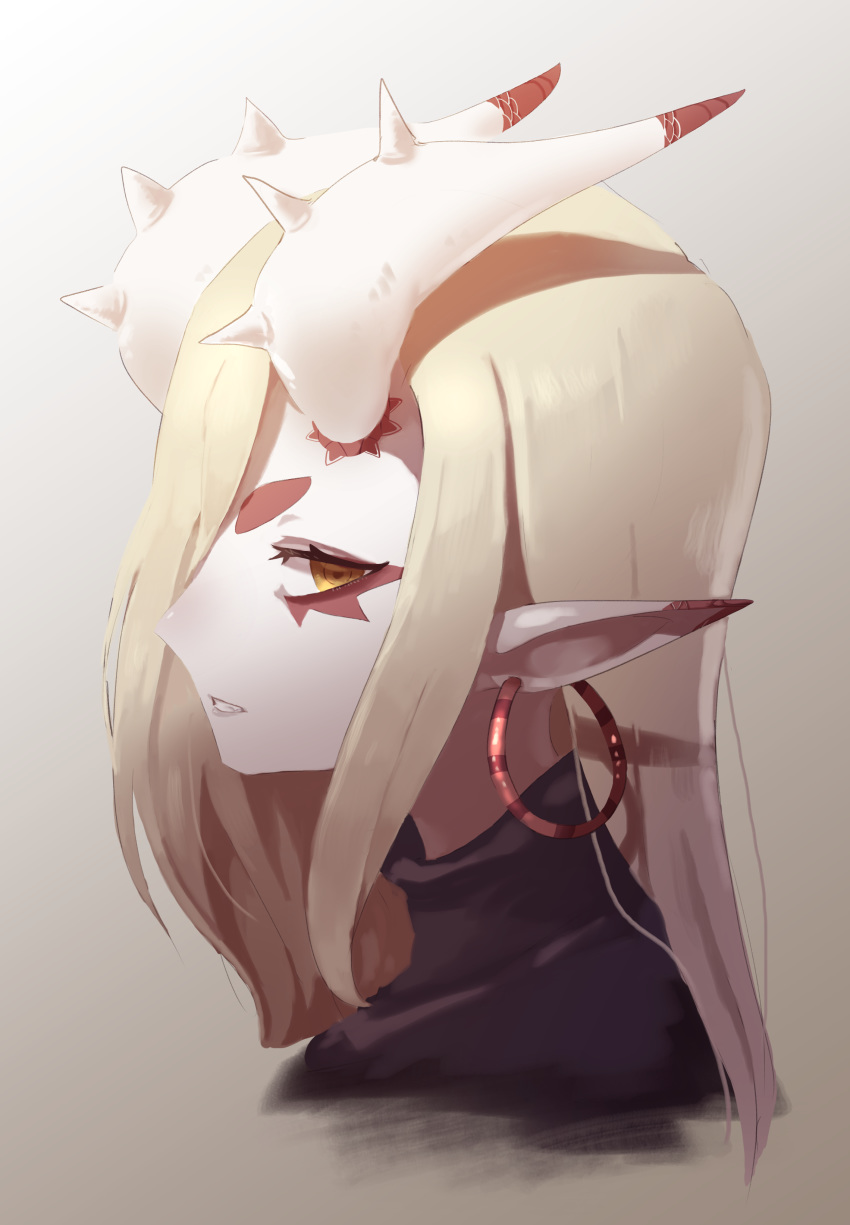 1girl, absurdres, black_sweater, blonde_hair, ear_covers, earrings, eyeshadow, from_side