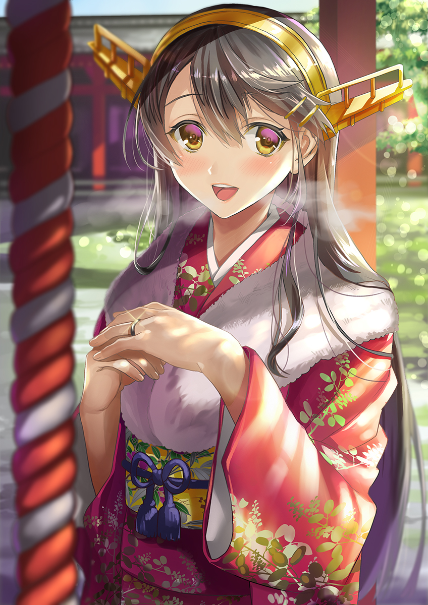 1girl, black_hair, brown_eyes, fur_trim, hair_ornament, hairband, hairclip, haruna_(kantai_collection)