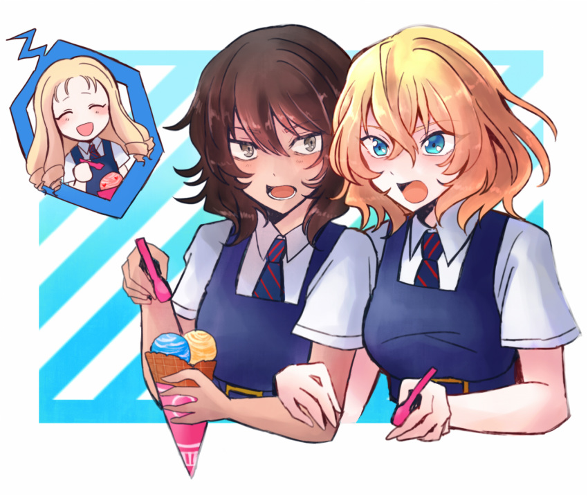 3girls, andou_(girls_und_panzer), blonde_hair, blue_eyes, blush, border, breasts, brown_eyes