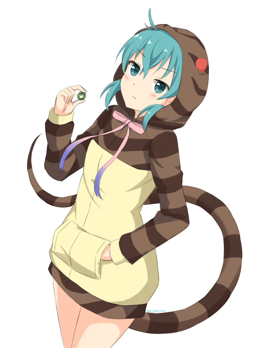 1girl, absurdres, aqua_hair, bangs, coin, cowboy_shot, eyebrows_visible_through_hair, green_eyes