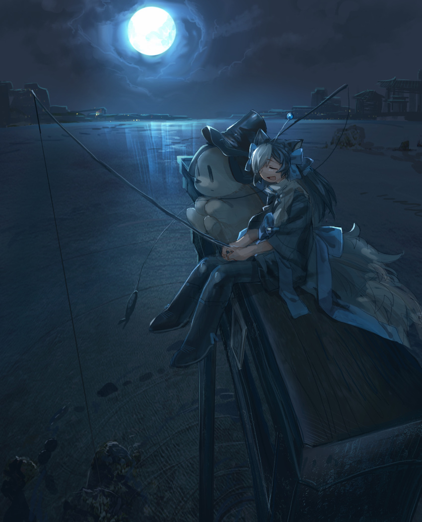 1boy, :d, animal_ears, antennae, beach, black_hair, blue_bow, blue_moon