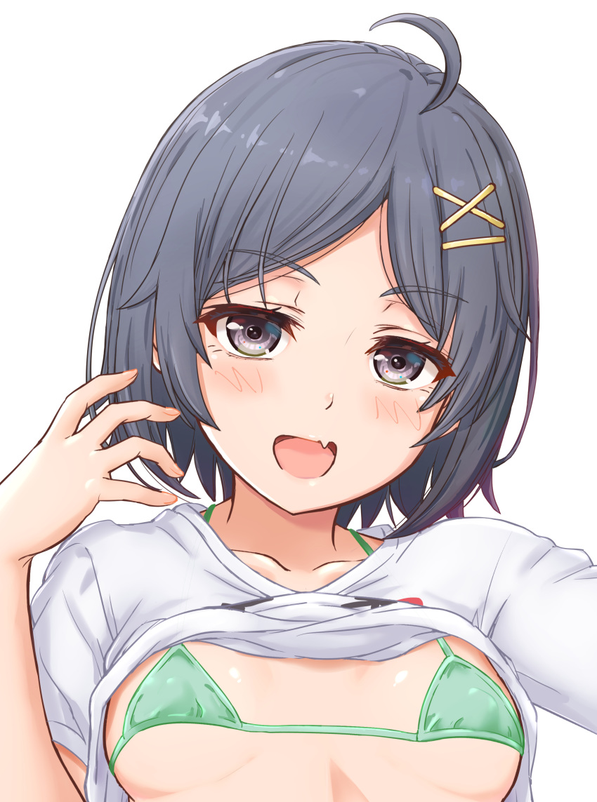1girl, absurdres, bangs, bikini, black_hair, blush, breasts, commentary_request