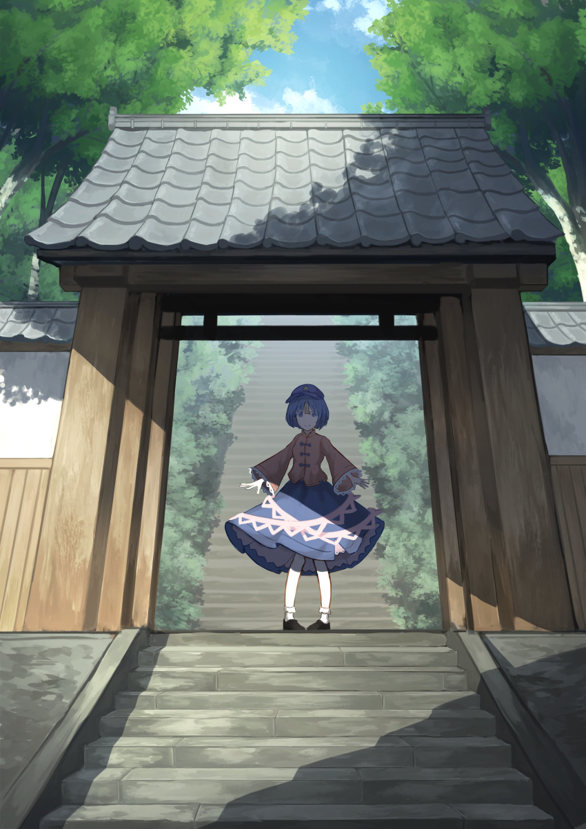 1girl, absurdres, architecture, bangs, black_footwear, blue_eyes, blue_hair, blue_skirt, bush, cabbie_hat, clouds, cloudy_sky, collared_shirt, commentary_request, cover, cover_page, doujin_cover, east_asian_architecture, forest, frilled_skirt, frills, gate, hat, highres, jiangshi, lace-trimmed_sleeves, lace_trim, long_sleeves, mittu_mittu33, miyako_yoshika, nature, ofuda, outdoors, outstretched_arms, popped_collar, purple_headwear, red_shirt, scenery, shadow, shirt, short_hair, skirt, sky, smile, socks, solo, stairs, standing, star_(symbol), stone_stairs, tiles, touhou, tree, white_legwear, wide_sleeves, wooden_wall