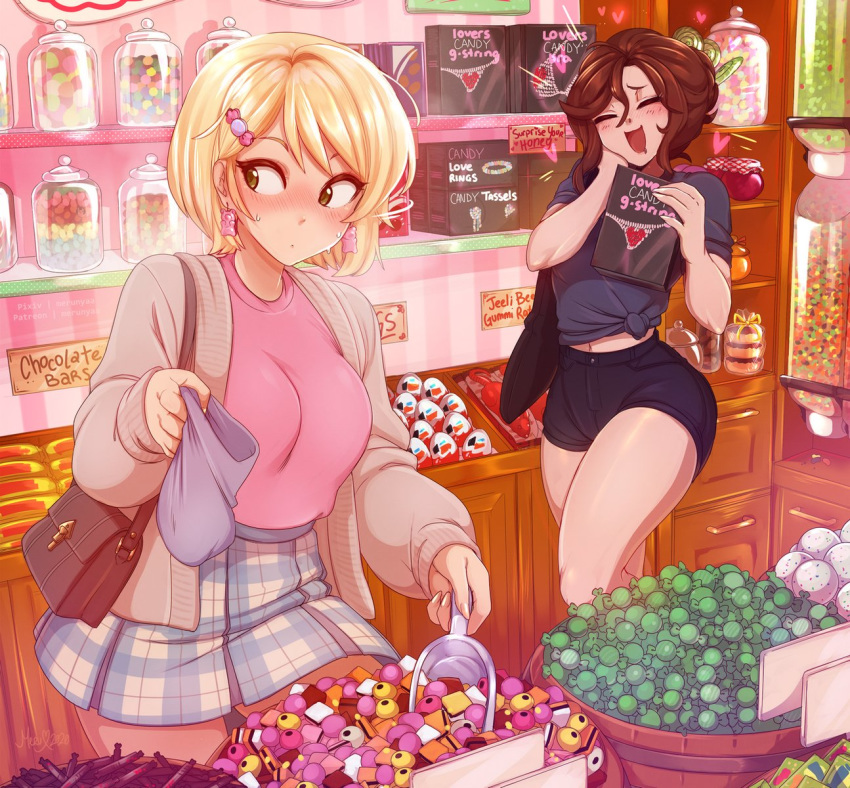 2girls, :d, ^_^, artist_name, bag, beige_jacket, black_shirt, black_shorts, blonde_hair, blush, borrowed_character, brown_eyes, brown_hair, candy, candy_hair_ornament, closed_eyes, commentary, earrings, english_commentary, english_text, food, food_themed_hair_ornament, hair_ornament, hairclip, hand_on_own_cheek, highres, indoors, jar, jewelry, kinder_surprise, lollipop, long_sleeves, looking_away, merunyaa, multiple_girls, nose_blush, open_mouth, original, pink_shirt, plaid, plaid_skirt, sammy_(bestsammy), shirt, short_hair, shorts, shoulder_bag, signature, skirt, smile, sweets, swirl_lollipop, tied_shirt, watermark, yellow_eyes