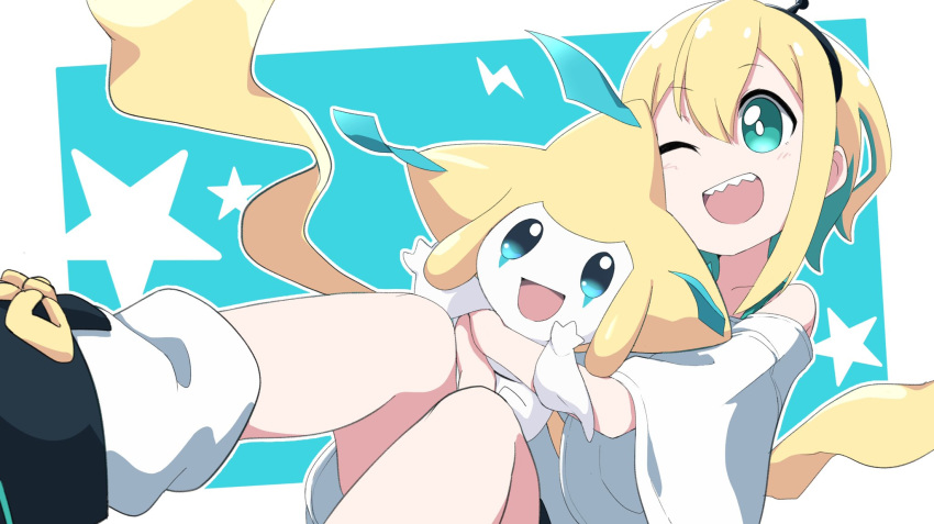 1girl, aimusu, amano_pikamee, aqua_camisole, bangs, black_hairband, blonde_hair, crossover