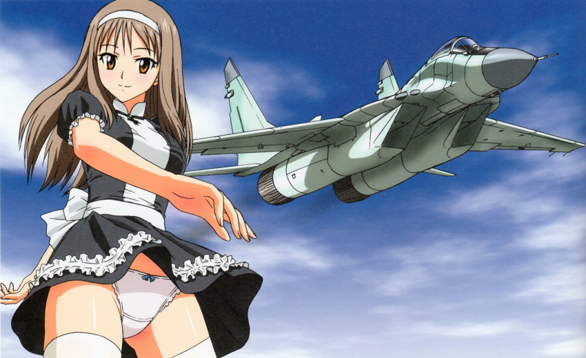 1girl, absurdres, aircraft, airplane, airplane_wing, artbook, back_bow, black_dress