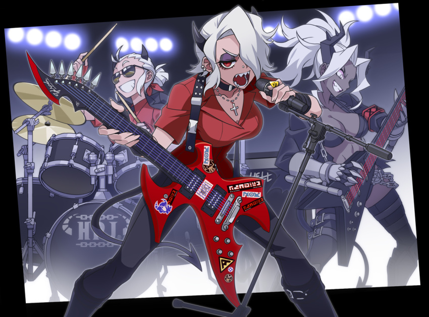 3girls, armband, bass_guitar, belt, black_horns, black_jacket, black_neckwear, black_pants