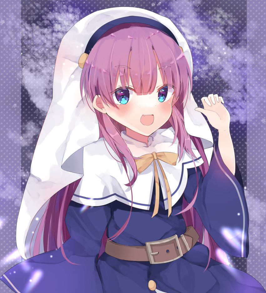 1girl, bangs, belt, blue_dress, blue_eyes, blunt_bangs, blush, bow