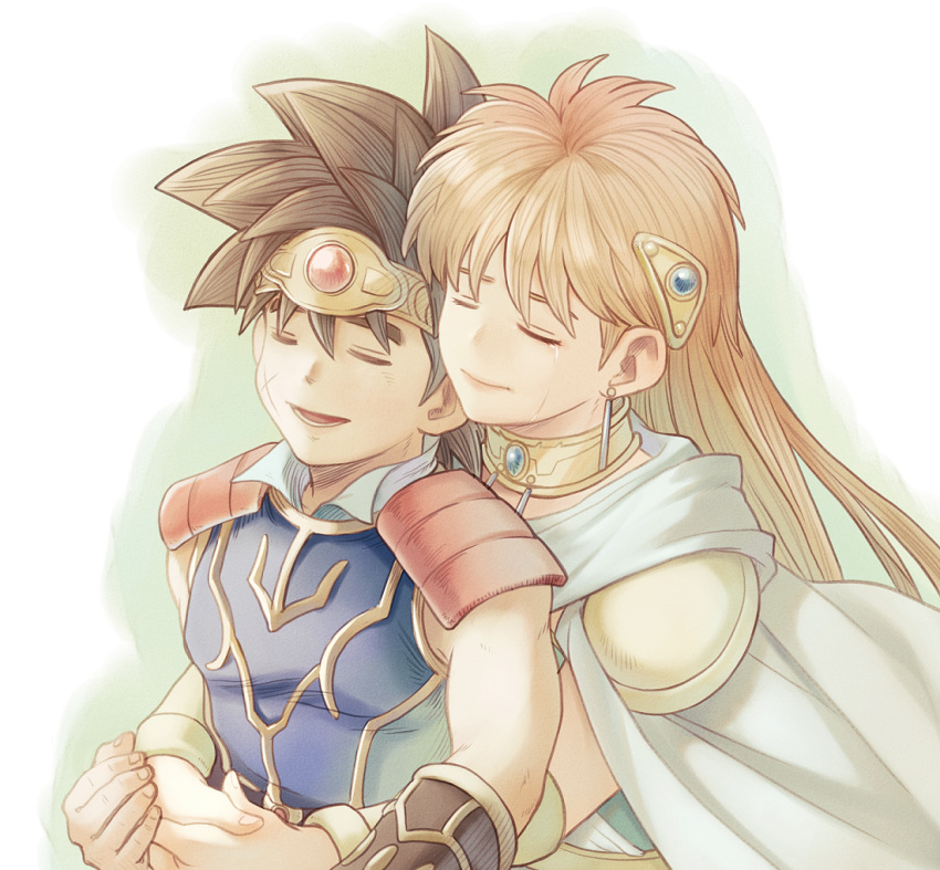 1boy, 1girl, b-saku, black_hair, blonde_hair, cape, circlet, closed_eyes, couple, dai_(dragon_quest), dragon_quest, dragon_quest_dai_no_daibouken, earrings, hetero, hug, hug_from_behind, jewelry, long_hair, princess_leona, scar, smile, tears