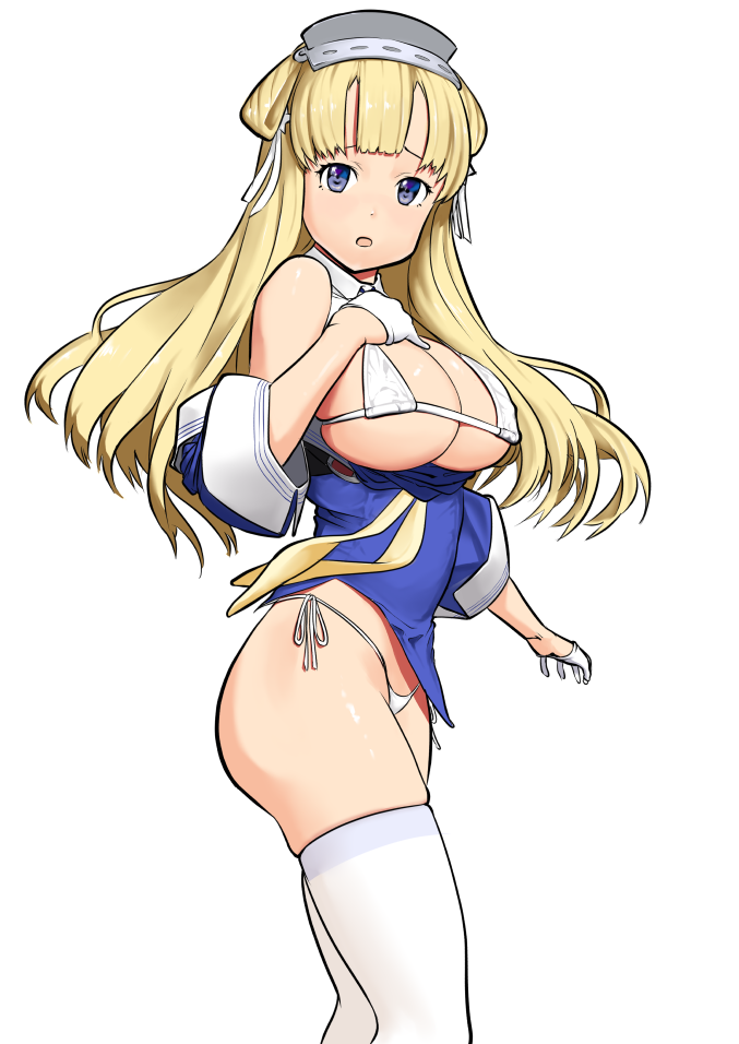 artist_request, blonde_hair, blue_eyes, bra, breasts, fletcher_(kantai_collection), gloves, hand_on_own_chest, headgear, kantai_collection, large_breasts, long_hair, no_pants, panties, side-tie_panties, simple_background, underwear, white_bra, white_gloves, white_legwear, white_panties