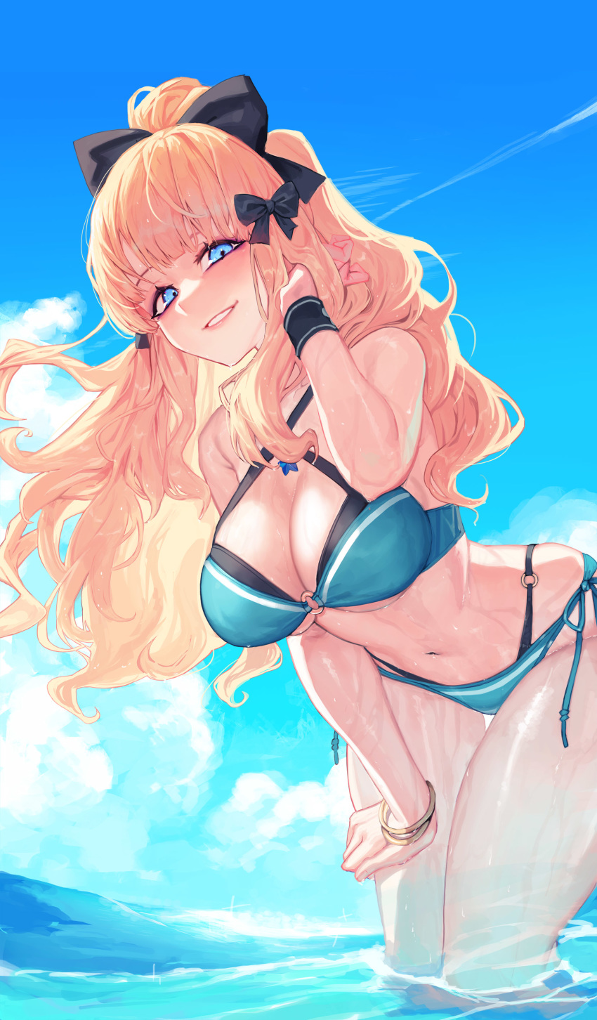 1girl, absurdres, bangs, bikini, black_bow, blonde_hair, blue_eyes, blush