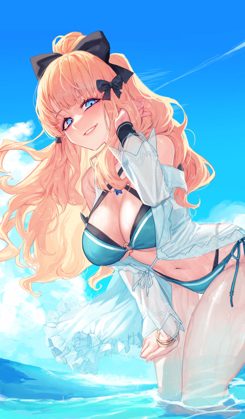 1girl, absurdres, bangs, bikini, black_bow, blonde_hair, blue_eyes, blush