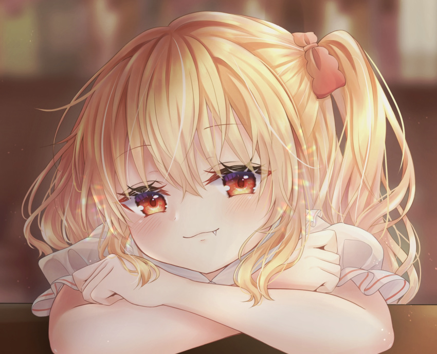1girl, :3, blonde_hair, blurry, blurry_background, commentary_request, crossed_arms, curled_fingers, depth_of_field, diffraction_spikes, elbows_on_table, eyebrows_visible_through_hair, eyelashes, face, fang, fang_out, flandre_scarlet, hair_between_eyes, hair_ribbon, head_tilt, highres, indoors, light_blush, looking_at_viewer, mimi89819132, no_hat, no_headwear, no_wings, one_side_up, partial_commentary, puffy_short_sleeves, puffy_sleeves, red_eyes, ribbon, shirt, short_sleeves, smile, solo, table, touhou, white_shirt