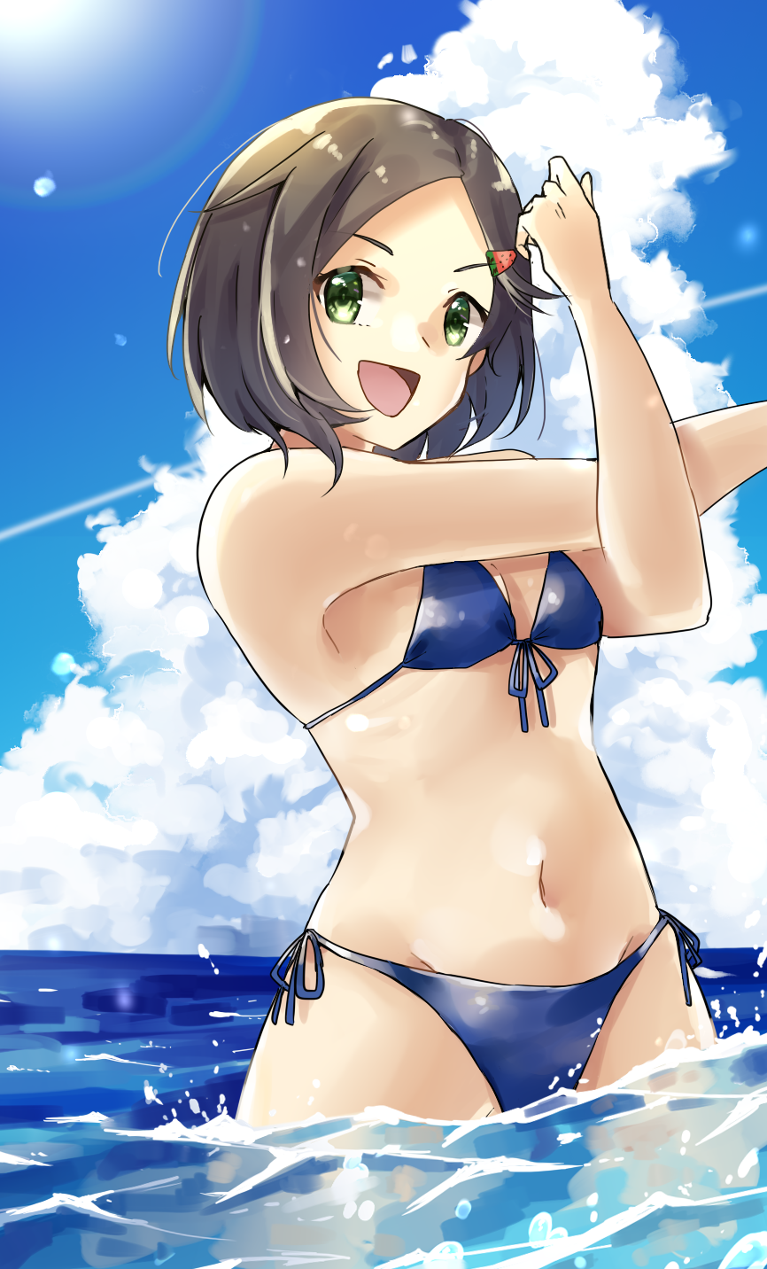 1girl, bikini, black_hair, blue_bikini, blue_sky, breasts, clouds, condensation_trail, cowboy_shot, day, green_eyes, hair_ornament, hairclip, highres, horizon, kantai_collection, kuroshio_(kantai_collection), looking_at_viewer, ocean, outdoors, partially_submerged, short_hair, sky, small_breasts, smile, solo, standing, sun, swimsuit, u_yuz_xx, water