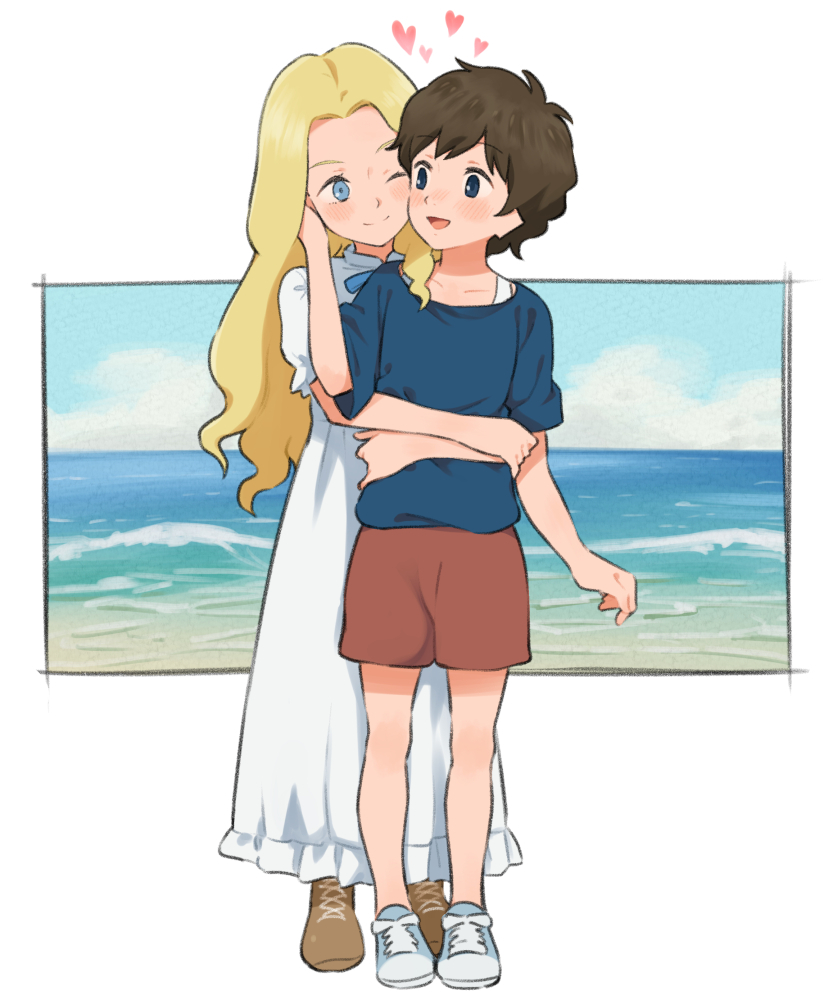 2girls, ;), anna_(omoide_no_marnie), arm_up, bangs, blonde_hair, blue_ribbon, blue_shirt