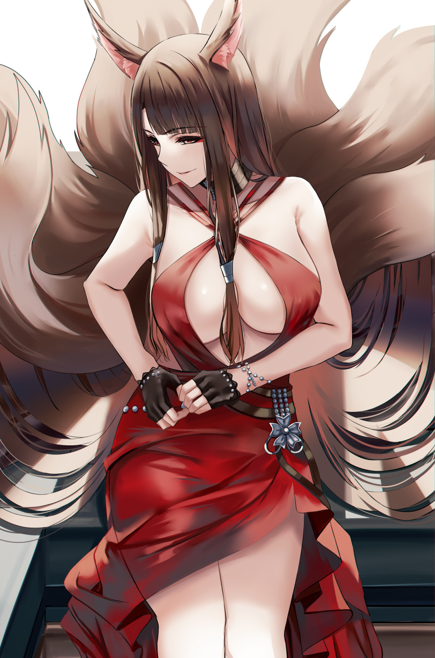 1girl, akagi_(azur_lane), akagi_(blushing_intoxication)_(azur_lane), animal_ears, azur_lane, black_choker, black_gloves, breasts, brown_eyes, brown_hair, choker, dress, eyebrows_visible_through_hair, fingerless_gloves, fox_ears, fox_tail, gloves, highres, large_breasts, long_hair, looking_at_viewer, multiple_tails, nicky_w, red_dress, simple_background, smile, solo, tail, thighs, white_background