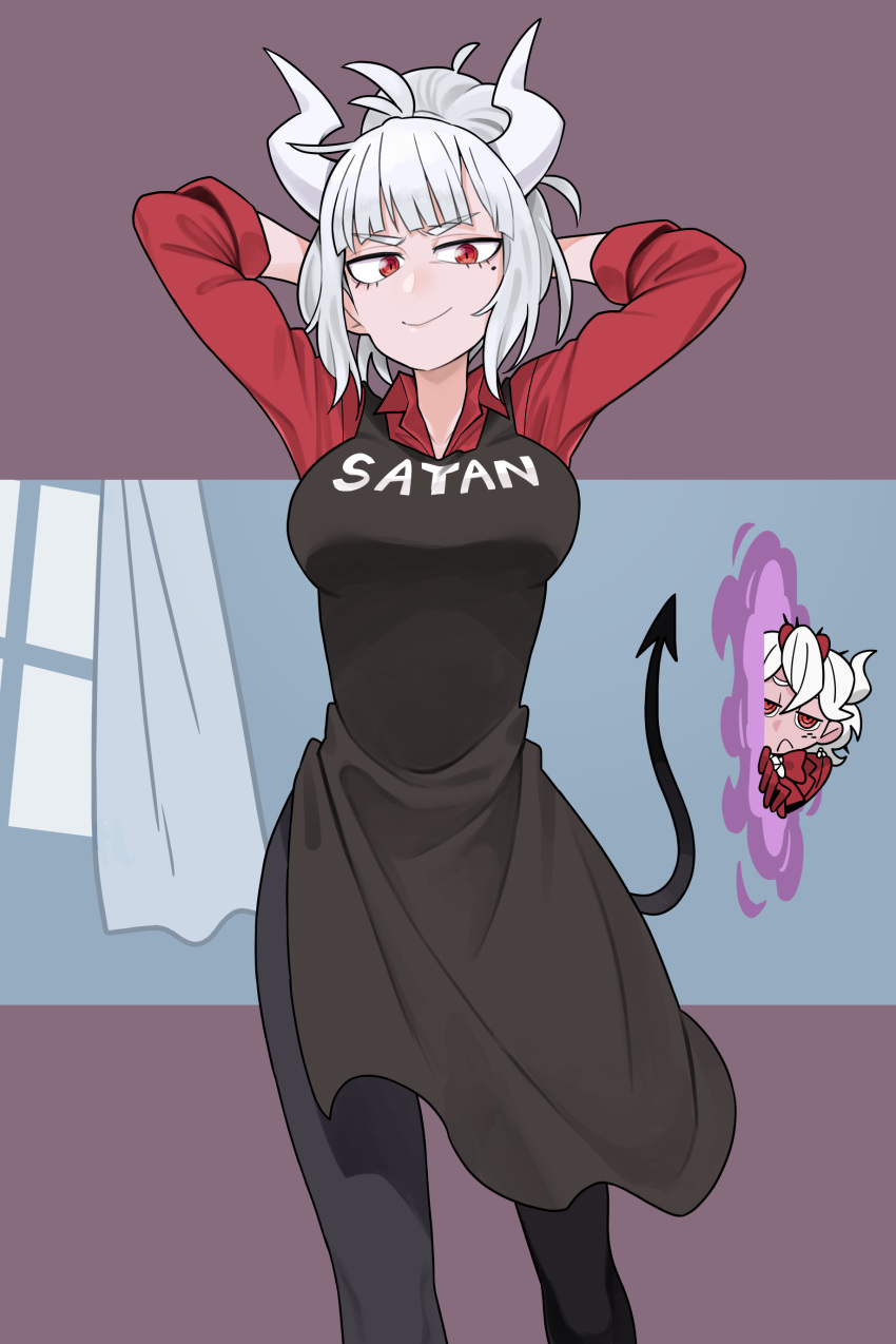 2girls, absurdres, apron, arms_behind_head, arms_up, bangs, beelzebub_(helltaker), black_apron, black_pants, blunt_bangs, breasts, clothes_writing, commentary_request, curtains, demon_girl, demon_horns, demon_tail, freckles, frown, geee529, hair_up, helltaker, highres, horns, large_breasts, looking_at_viewer, lucifer_(helltaker), mole, mole_under_eye, multiple_girls, pants, peeking, ponytail, portal_(object), red_eyes, red_shirt, shirt, simple_background, smile, solo_focus, tail, tying_hair, v-shaped_eyebrows, white_hair, white_horns, window