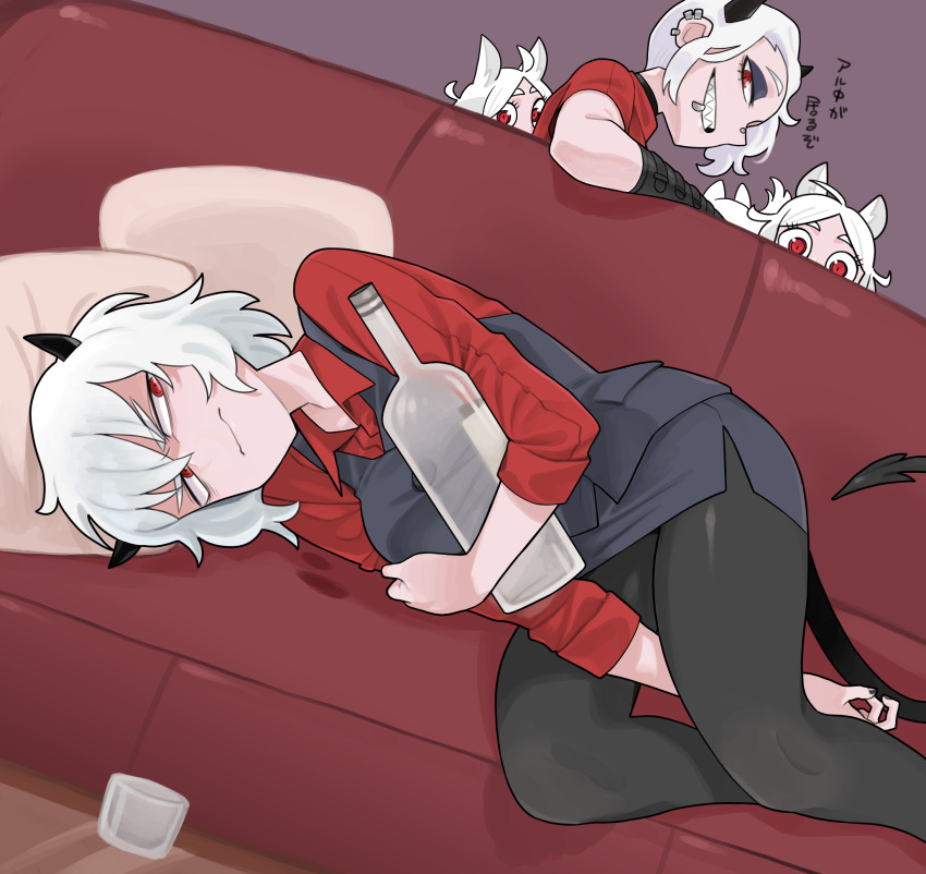 4girls, ahoge, animal_ears, bangs, black_gloves, black_legwear, bottle, breasts, cerberus_(helltaker), commentary_request, couch, cushion, demon_girl, demon_horns, demon_tail, dog_ears, dog_girl, dutch_angle, ear_piercing, geee529, glass, gloves, grin, helltaker, highres, horns, lip_piercing, lying, makeup, malina_(helltaker), mascara, multiple_girls, on_side, pantyhose, parted_bangs, peeking, pencil_skirt, piercing, pillow, red_eyes, short_hair, skirt, smile, tail, translation_request, vest, waistcoat, white_hair, zdrada_(helltaker)