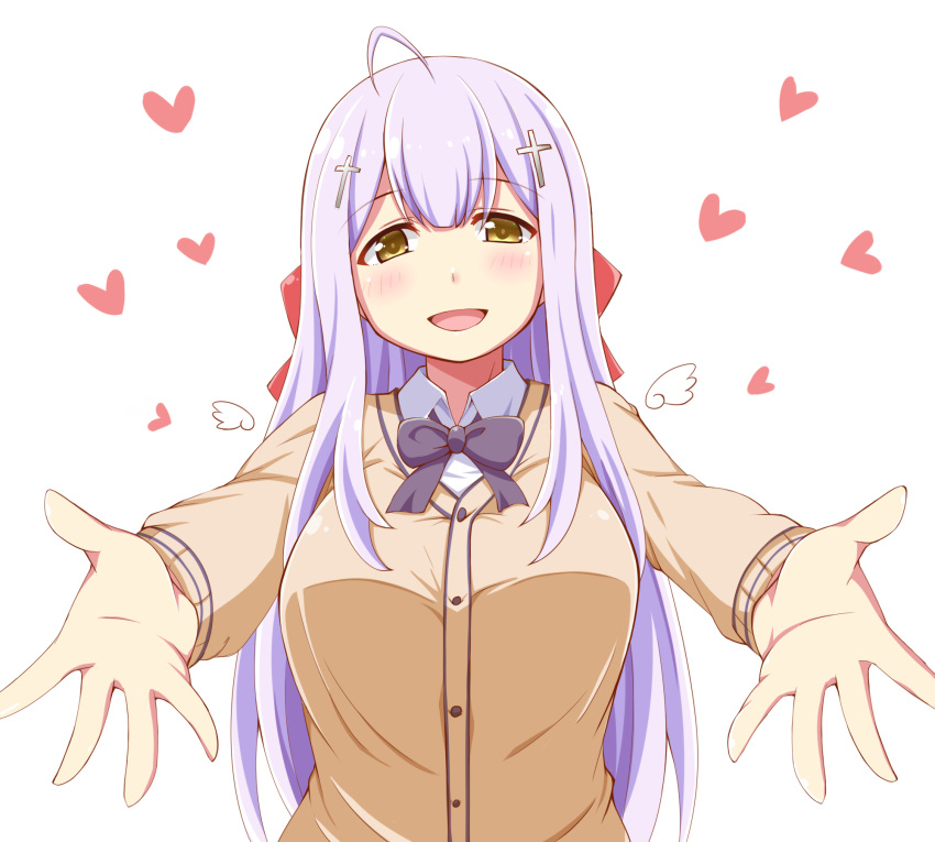 1girl, ahoge, black_neckwear, blush, bow, bowtie, brown_cardigan, cardigan, cross_hair_ornament, dou-t, eyebrows_visible_through_hair, gabriel_dropout, hair_ornament, heart, highres, long_hair, long_sleeves, looking_at_viewer, open_mouth, outstretched_arms, purple_hair, shiraha_raphiel_ainsworth, shirt, simple_background, smile, solo, white_background, white_shirt, yellow_eyes