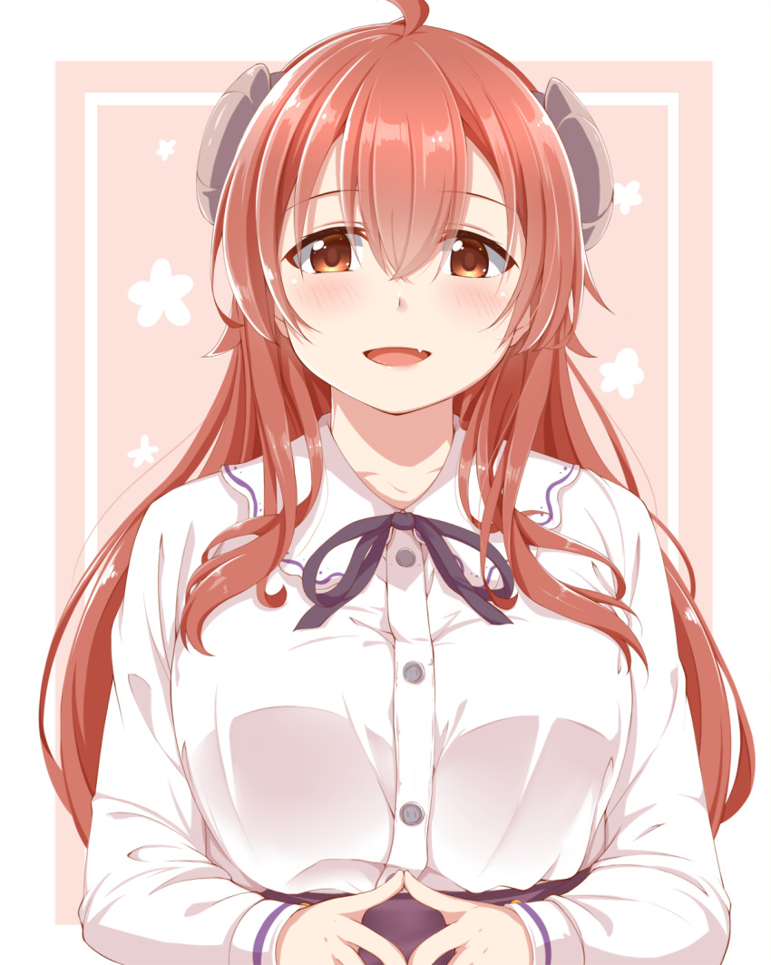 1girl, black_neckwear, black_ribbon, blush, border, breasts, curled_horns, demon_horns