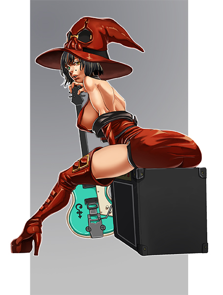 1girl, black_hair, boots, breasts, guilty_gear, guitar, hat, heterochromia, high_heels, i-no, instrument, kyo_niku, latex_dress, short_hair, thigh-highs, thigh_boots, witch_hat