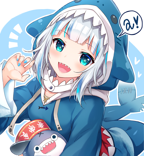 1girl, :d, a, animal_hood, bangs, blue_eyes, blue_hair, blue_hoodie