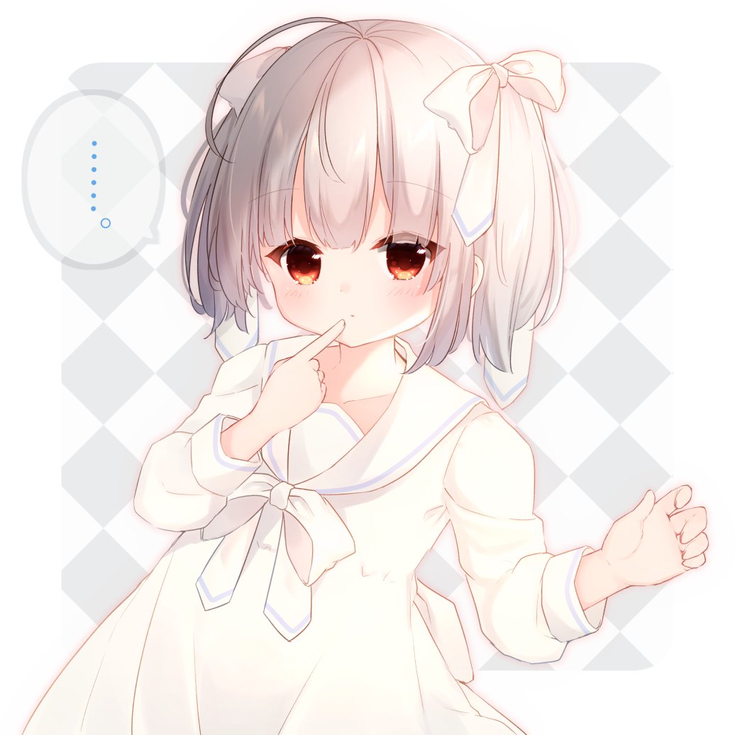 1girl, ahoge, bow, checkered, checkered_background, dress, eyebrows_visible_through_hair, finger_to_mouth