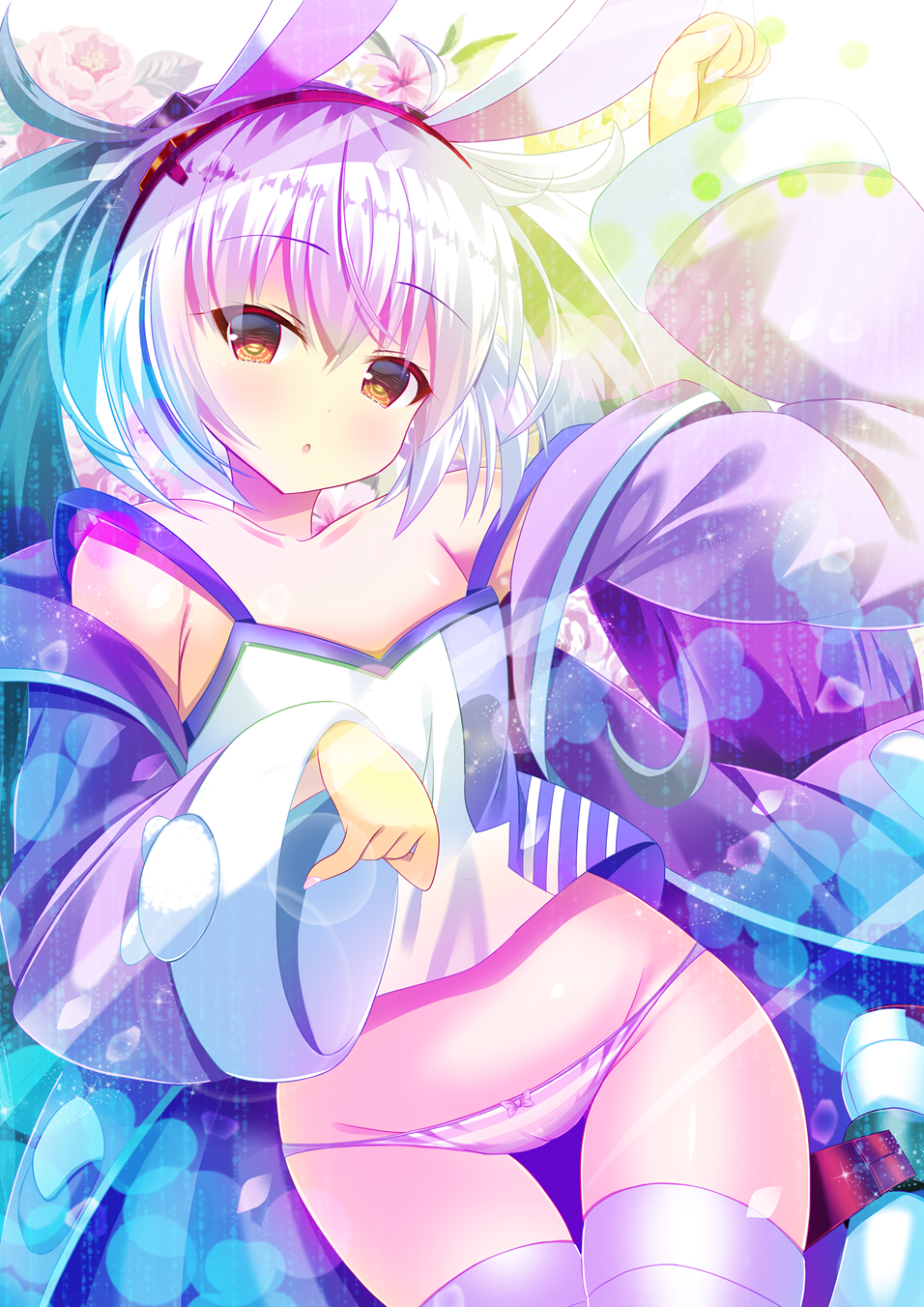1girl, animal_ears, azur_lane, bangs, blush, boots, camisole, eyebrows_visible_through_hair, fake_animal_ears, groin, hairband, highres, jacket, laffey_(azur_lane), no_pants, off_shoulder, panties, pink_jacket, pink_panties, rabbit_ears, regress, rudder_footwear, solo, striped, striped_panties, thigh-highs, thigh_gap, twintails, underwear, white_camisole, white_hair, white_legwear, wide_sleeves, yellow_eyes