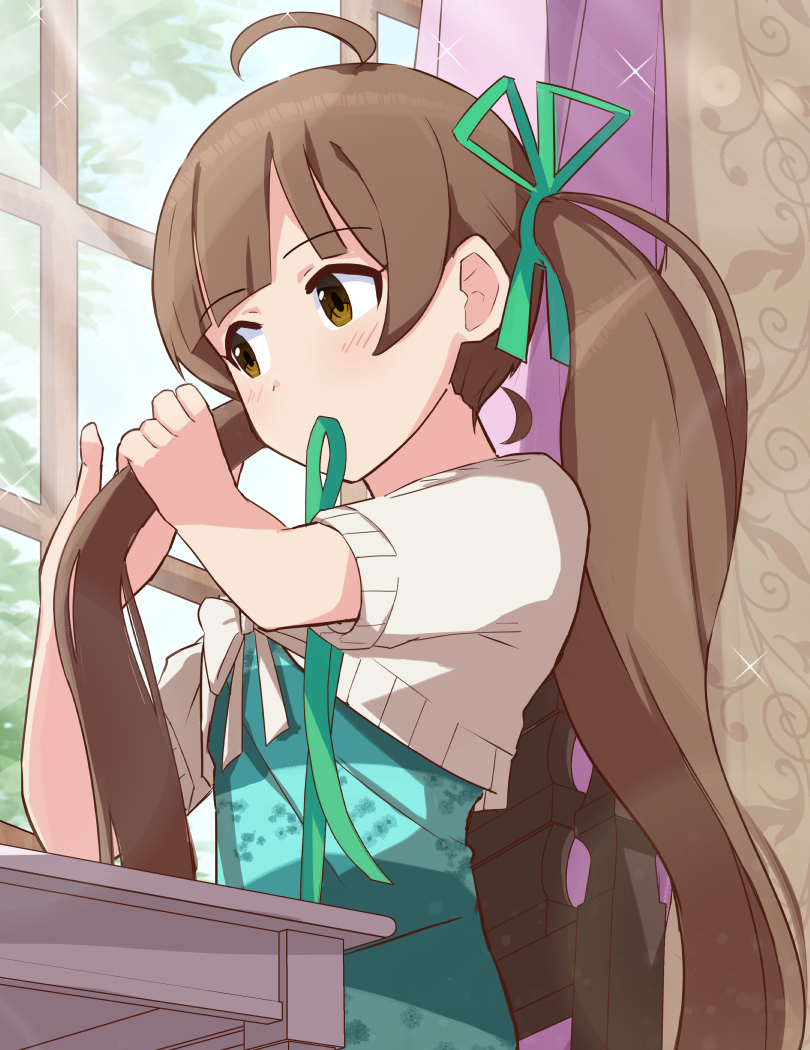 1girl, aqua_dress, bangs, bare_arms, brown_eyes, brown_hair, commentary, curtains