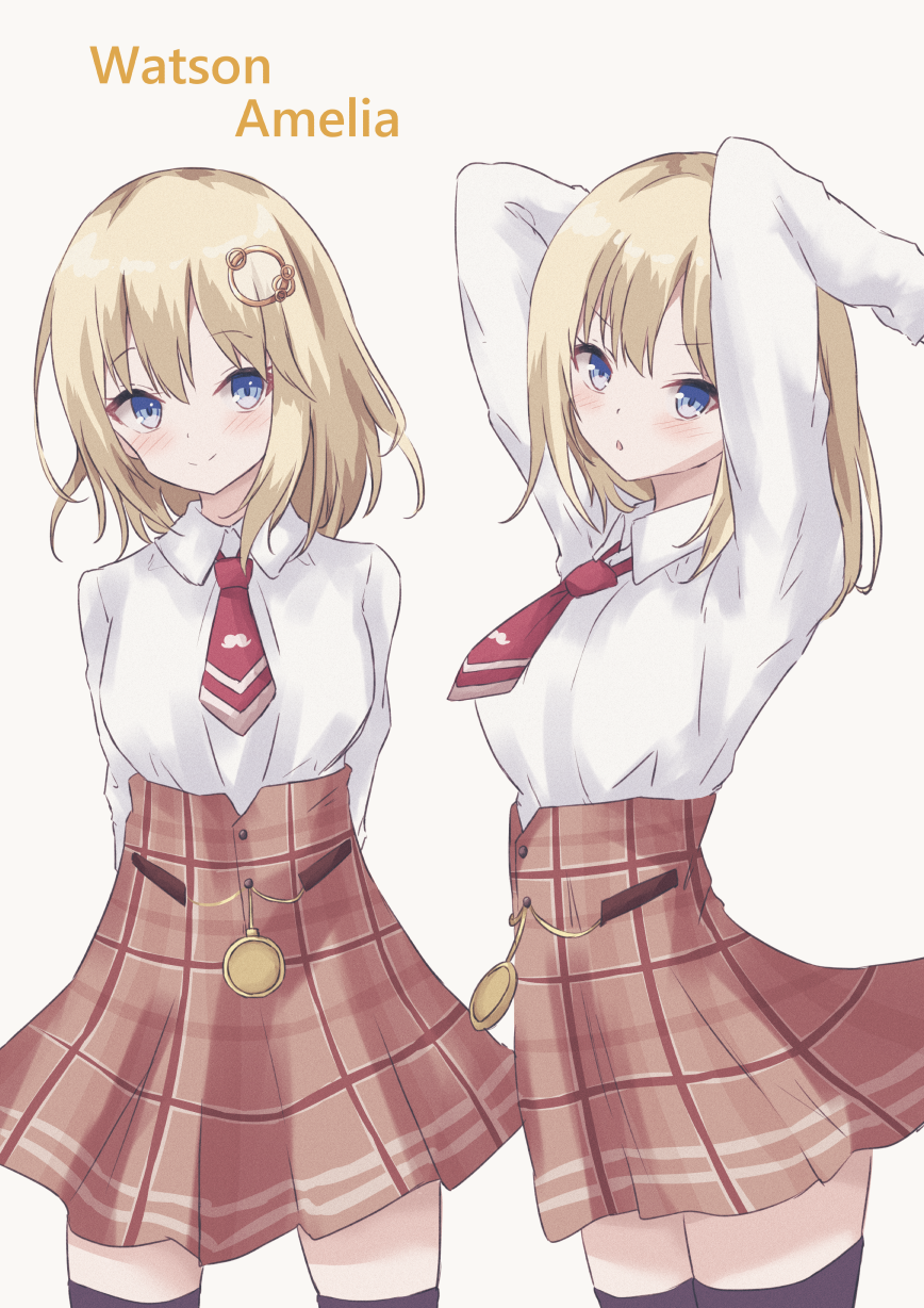 arms_behind_back, arms_up, bangs, blonde_hair, blue_eyes, bow, breasts, brown_bow