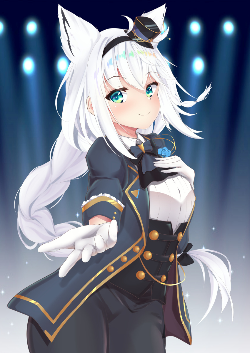 1girl, absurdres, ahoge, animal_ears, beige_skirt, blue_flower, blue_jacket, blue_rose