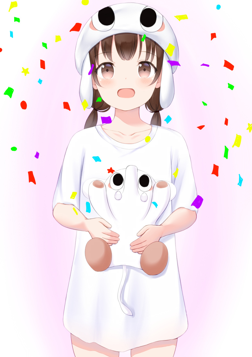 1girl, :d, blush, brown_eyes, brown_hair, confetti, hat, highres