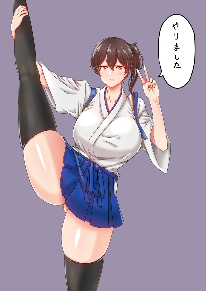 1girl, ass_visible_through_thighs, black_legwear, blue_hakama, breasts, brown_hair, check_translation, flexible