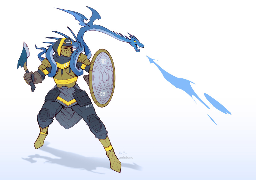 1boy, anhdang, armor, axe, breastplate, breathing_ice, brown_gloves, brown_pants, commentary, dragon, english_commentary, fantasy, fire_axe, firefighter, gloves, helmet, highres, holding, holding_axe, holding_shield, hood, hood_up, knee_pads, knight, male_focus, metal_boots, original, pants, pouch, shield, shoulder_armor, signature, simple_background, solo, spaulders, visor_cap, white_background