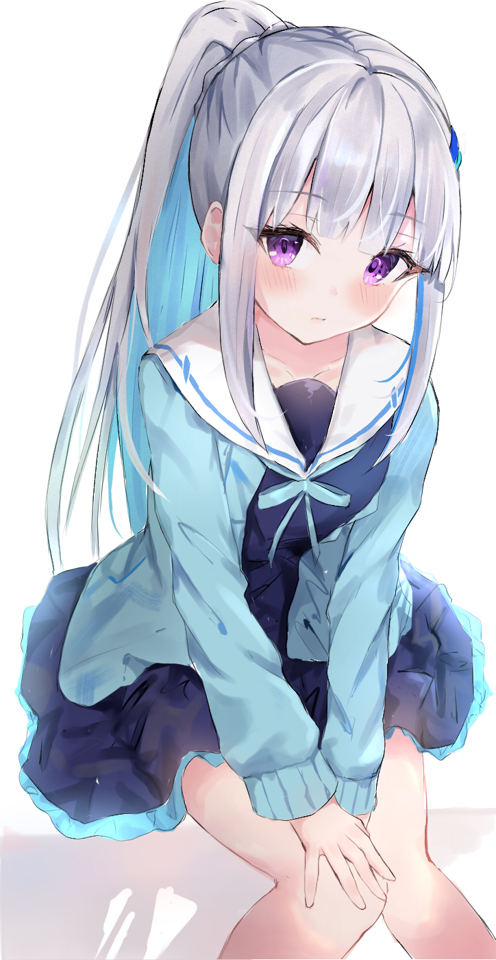 1girl, 1revy, bangs, bare_legs, blue_dress, blue_hair, blue_shirt, blunt_bangs