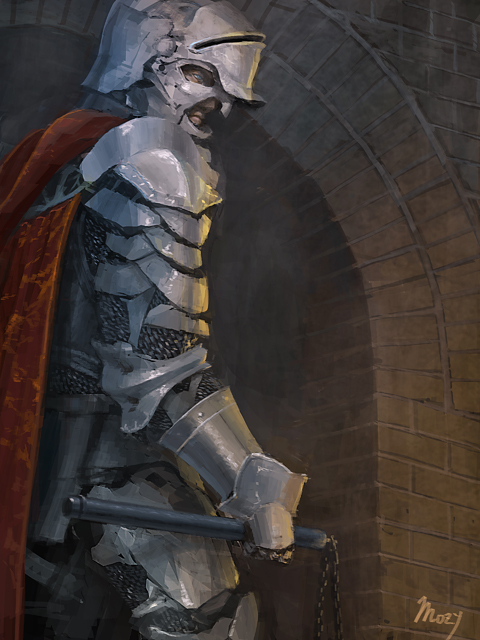 1boy, armor, blue_eyes, brick, brick_wall, cape, chain, chainmail