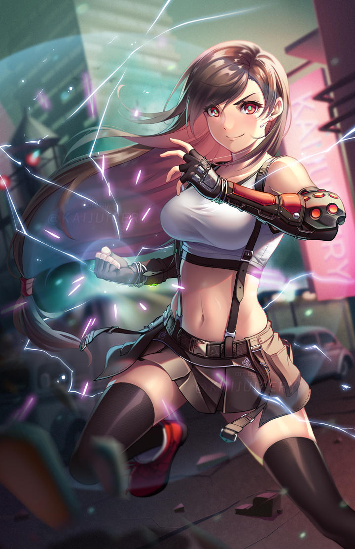 >:), 1girl, artist_name, aura, bangs, black_legwear, black_skirt, blurry, breasts, brown_hair, building, car, clenched_hand, crop_top, debris, depth_of_field, elbow_gloves, final_fantasy, final_fantasy_vii, final_fantasy_vii_remake, fingerless_gloves, gloves, ground_vehicle, kaijuicery, light, long_hair, looking_at_viewer, low-tied_long_hair, midriff, motor_vehicle, navel, outdoors, red_eyes, red_footwear, shirt, shoes, skirt, smile, solo, suspenders, thigh-highs, tifa_lockhart, twitter_username, white_shirt, zettai_ryouiki