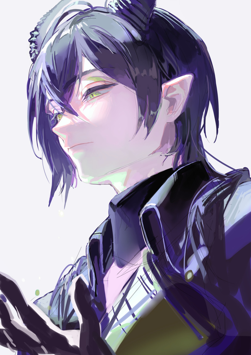 1boy, absurdres, bangs, black_gloves, black_hair, closed_mouth, gloves, green_eyes
