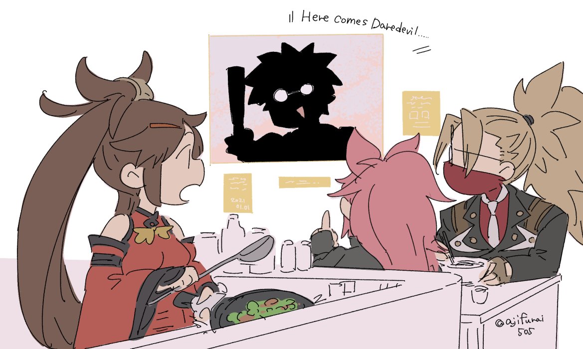 2boys, 2girls, answer_(guilty_gear), asaya_minoru, baiken, bangs, black_jacket, bowl