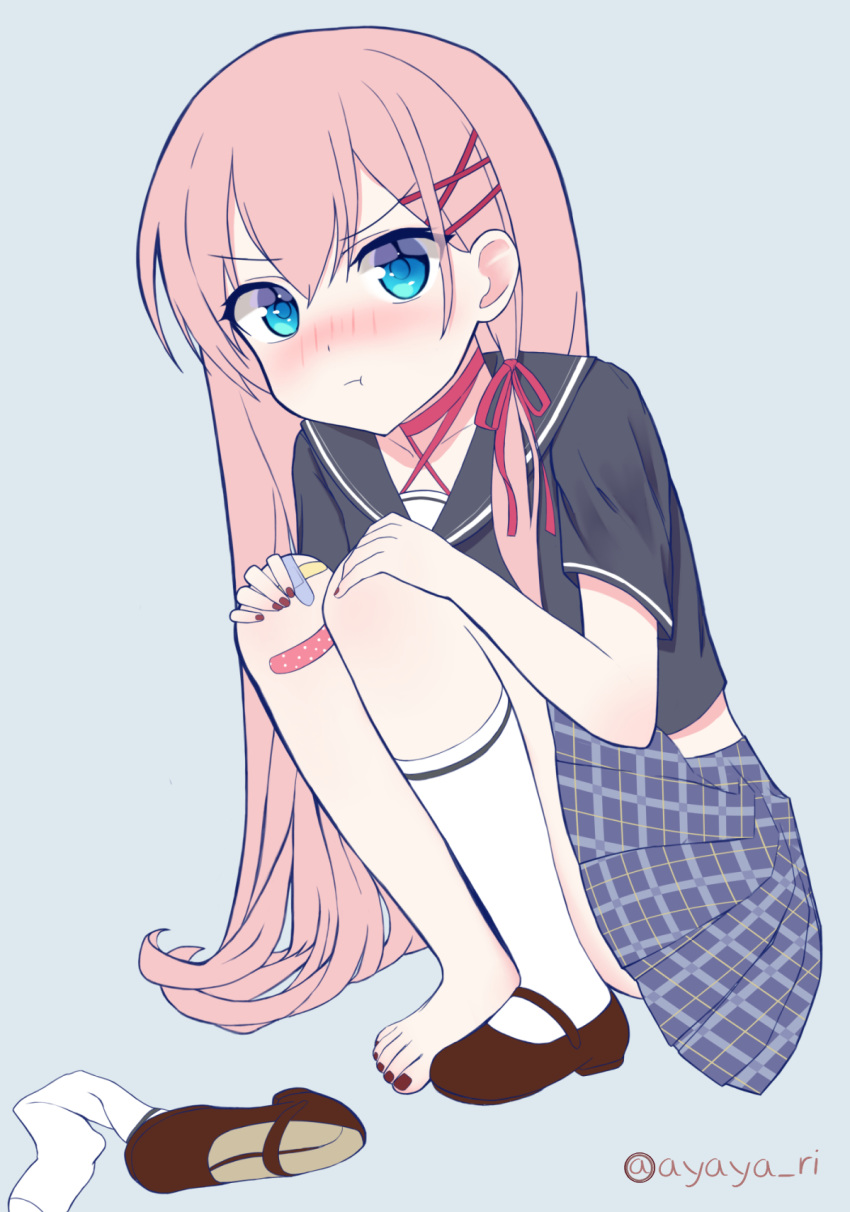 1girl, asymmetrical_legwear, ayaya_(ayaya_ri), bandaid, bandaid_on_knee, blue_eyes, blush, ears