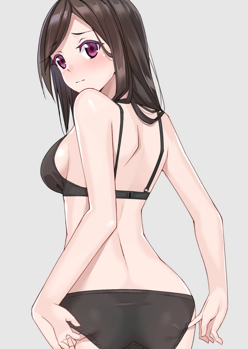 1girl, adjusting_clothes, adjusting_panties, ass, back, bangs, black_bra, black_hair
