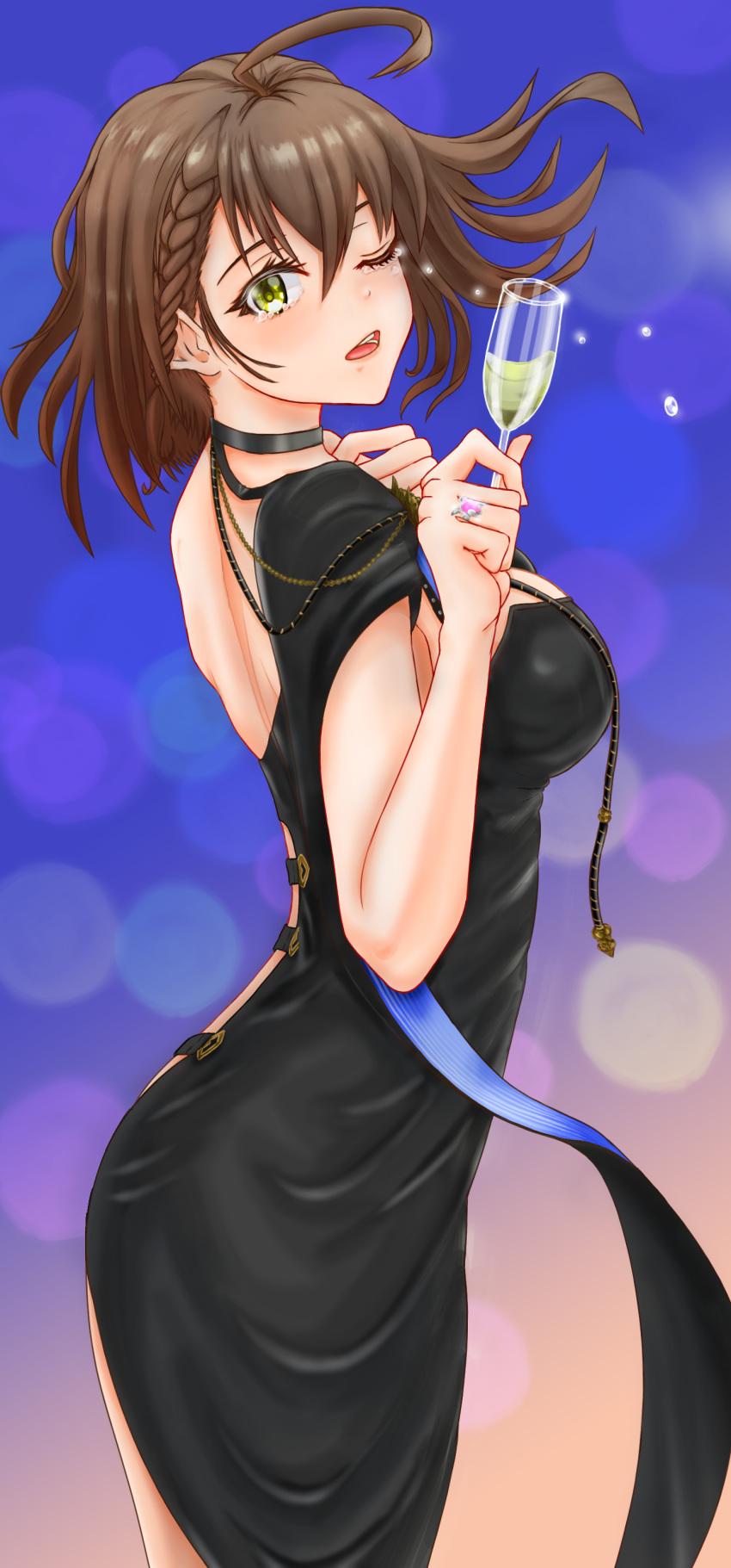 1girl, absurdres, ahoge, alcohol, azur_lane, baltimore_(azur_lane), baltimore_(evening_breeze_minuet)_(azur_lane), bangs, black_dress, braid, brown_hair, champagne_flute, commentary_request, cup, dress, drinking_glass, evening_gown, hair_between_eyes, highres, holding, holding_cup, jewelry, looking_at_viewer, one_eye_closed, open_mouth, ring, short_hair, side_braid, side_slit, single_bare_shoulder, ssa47xx-ss006, tears, two-tone_cape, yellow_eyes