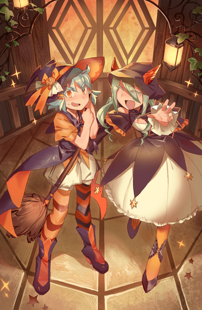2girls, :d, ^_^, akari_(shichigatsu), animal_hood, ankle_boots, blue_hair, blush