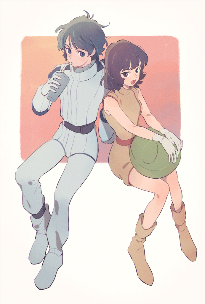1boy, 1girl, black_eyes, black_hair, blue_eyes, blue_hair, boots, dress, drinking, fa_yuiry, gloves, gundam, haro, kamille_bidan, long_hair, open_mouth, pilot_suit, short_hair, son_(skvnmn0), spacesuit, zeta_gundam