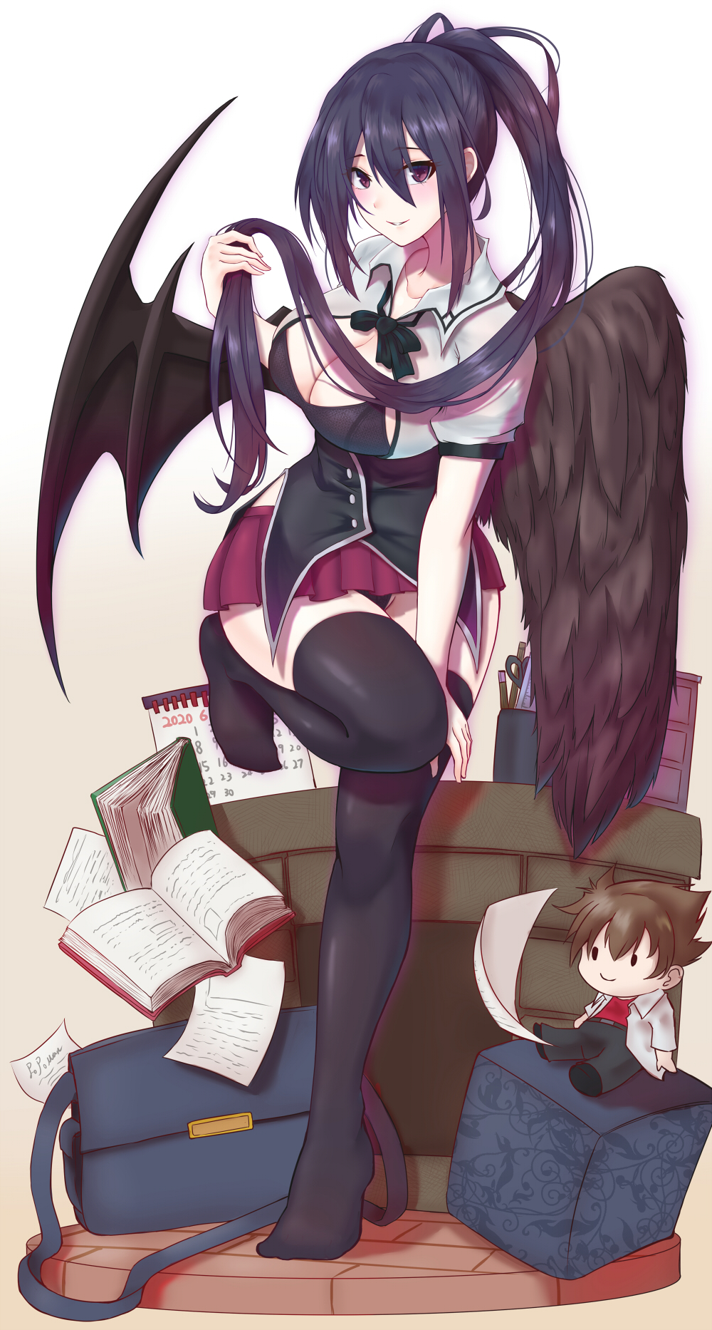 1boy, 1girl, angel_wings, asymmetrical_wings, bag, black_bra, black_hair, black_legwear