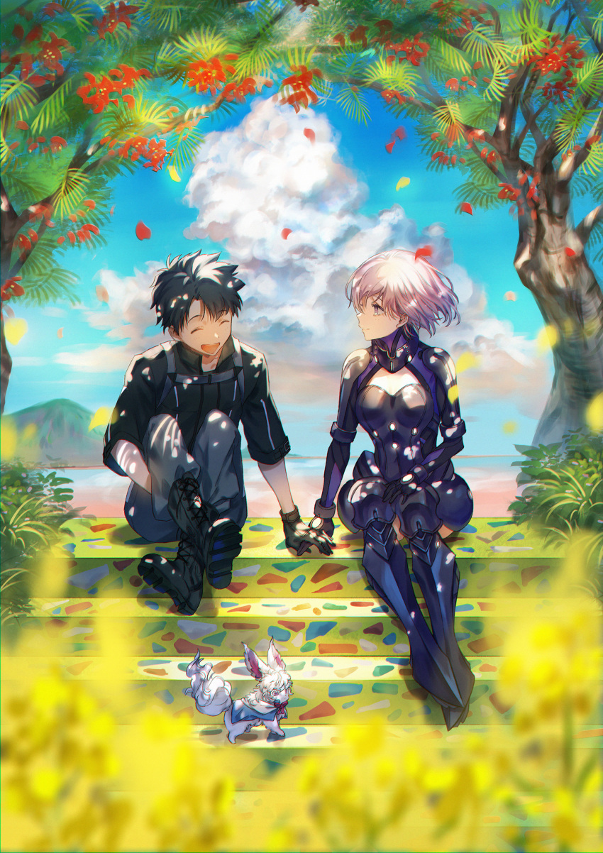 1boy, 1girl, black_gloves, black_hair, blurry_foreground, boots, clouds, falling_petals