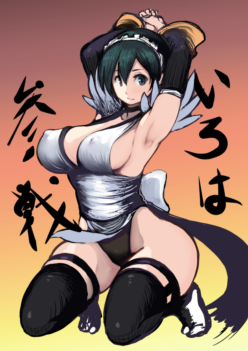 1girl, armpits, arms_up, bangs, black_choker, black_legwear, breasts, choker, closed_mouth, covered_nipples, detached_sleeves, gradient, gradient_background, green_hair, grey_eyes, hair_between_eyes, highleg, highleg_leotard, highres, iroha_(samurai_spirits), johan_(johan13), kneeling, large_breasts, leotard, long_sleeves, maid_headdress, maid_leotard, samurai_spirits, short_hair, sideboob, solo, thigh-highs