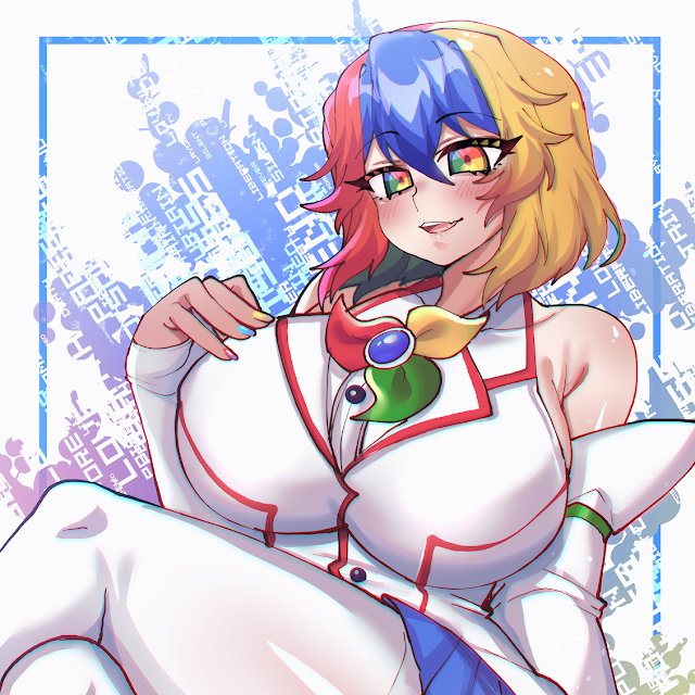 1girl, blush, breasts, google_chrome_(merryweather), large_breasts, merryweather, multicolored, multicolored_eyes