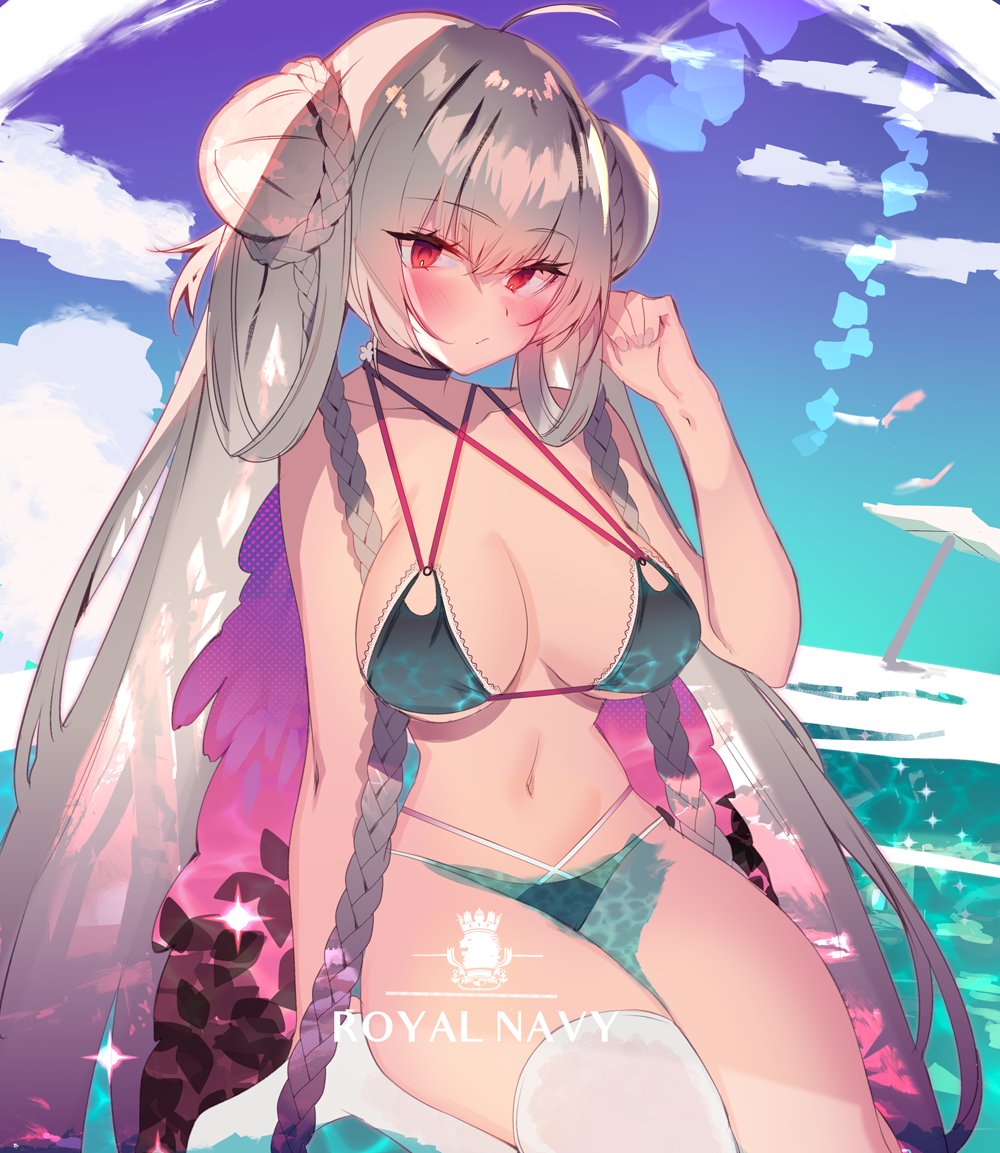 1girl, alternate_costume, aqua_bikini, azur_lane, bikini, blue_bikini, braid, braided_bun, breasts, choker, criss-cross_halter, double_bun, feather_boa, formidable_(azur_lane), formidable_(the_lady_of_the_beach)_(azur_lane), grey_hair, halterneck, large_breasts, long_hair, multi-strapped_bikini, platinum_blonde_hair, royal_navy_(emblem), single_thighhigh, soukou_makura, swimsuit, thigh-highs, twintails, very_long_hair, white_legwear