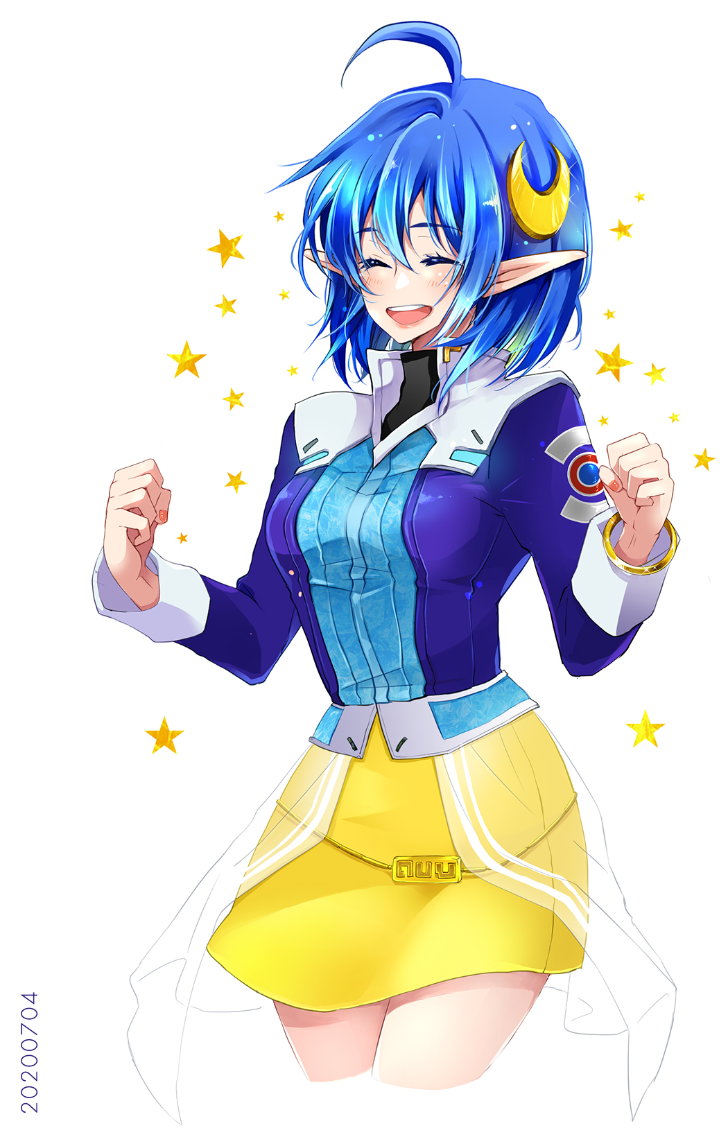 1girl, blue_hair, closed_eyes, crescent, crescent_hair_ornament, crescent_moon, hair_ornament, highres, moon, open_mouth, pointy_ears, ponyo_soa, rena_lanford, short_hair, smile, star_ocean, star_ocean_blue_sphere